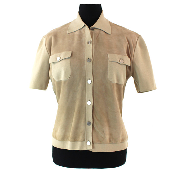 Hermes Suede Tan Knit Cotton Button Up Collared Polo Shirt L Short Sleeve Top - Picture 1 of 7